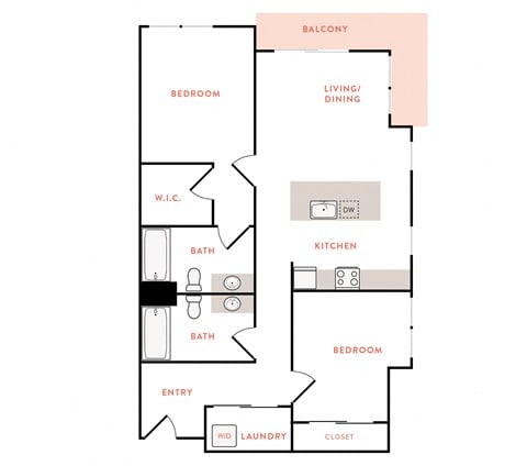 Floor plan for 2 beds, 2 baths, 998 sqft